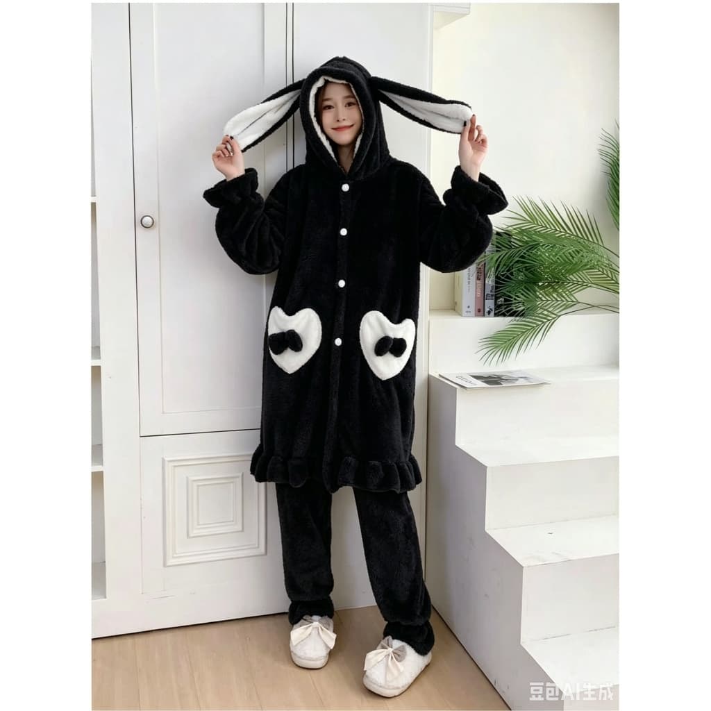 Conjunto Pijama Feminino com Capuz de Coelhinho, Flanela com Bolso de Coração e Babado, Super Aconchegante