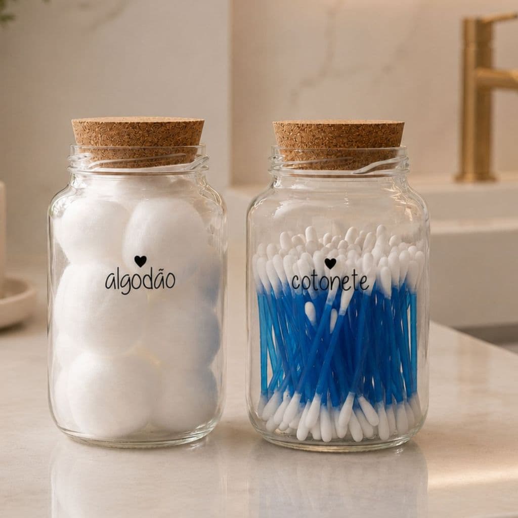Kit 2 Potes 600 ml Porta Cotonete e Algodão Organizador Vidro e Tampa Cortiça 600 ml