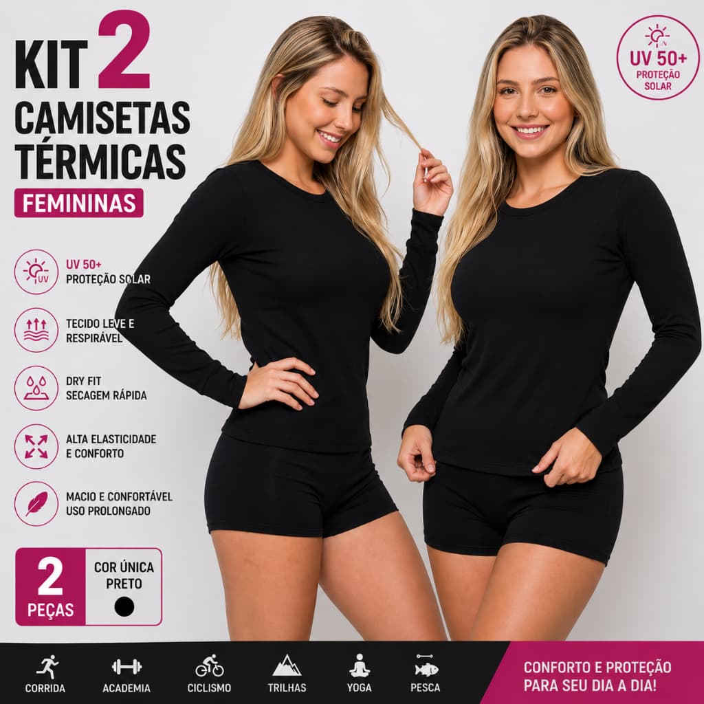 Kit 2 Camisas Femininas Proteção UV 50+ Segunda Pele Manga Longa Solar