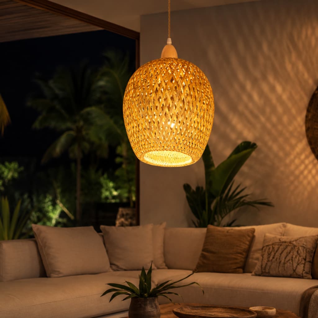 Lustre Pendente Natural Moderno Redondo Fibra Palha Bambu Aruba 24cm diametro lampada completo