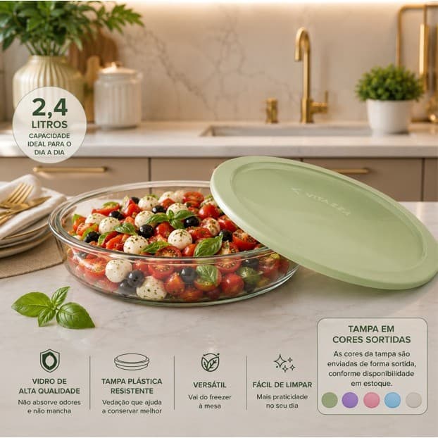 Tigela Round Vidro Com Tampa Plastica 2,4 Litros 26cm Vitazza