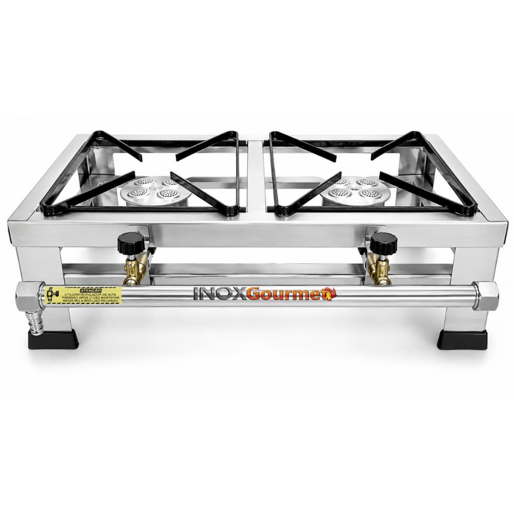 Fogão Industrial De Mesa 2 Bocas Inox Alta Pressão Camping 20x20 Portátil A Gás