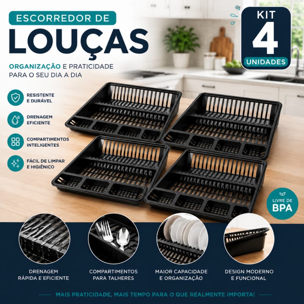 Kit 4 Escorredor de Louça Plasmarc Compacto Fácil de Limpar e Organizar Pia Resistente e Durável