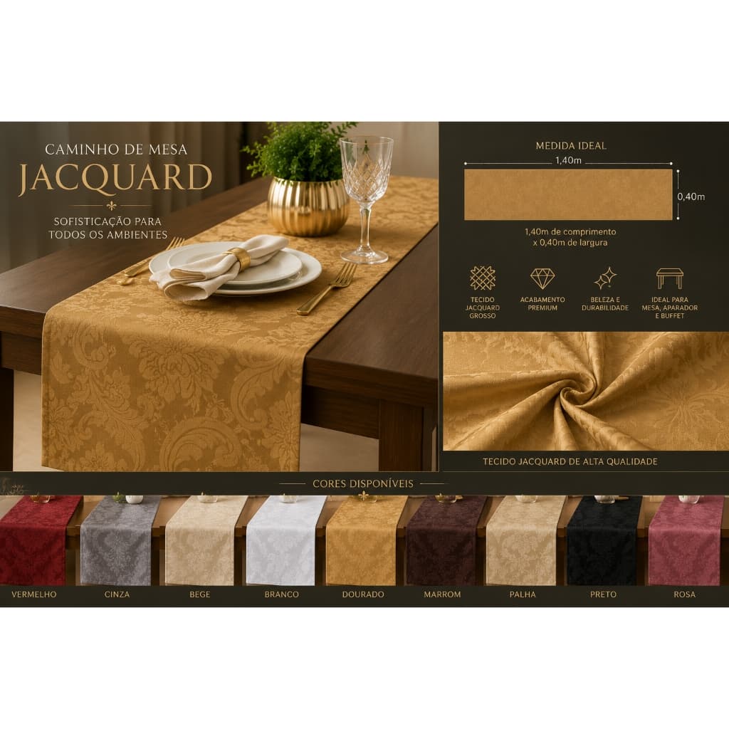 Caminho de Mesa Jacquard 1,40x0,40  Elegante, Resistente e Decorativo