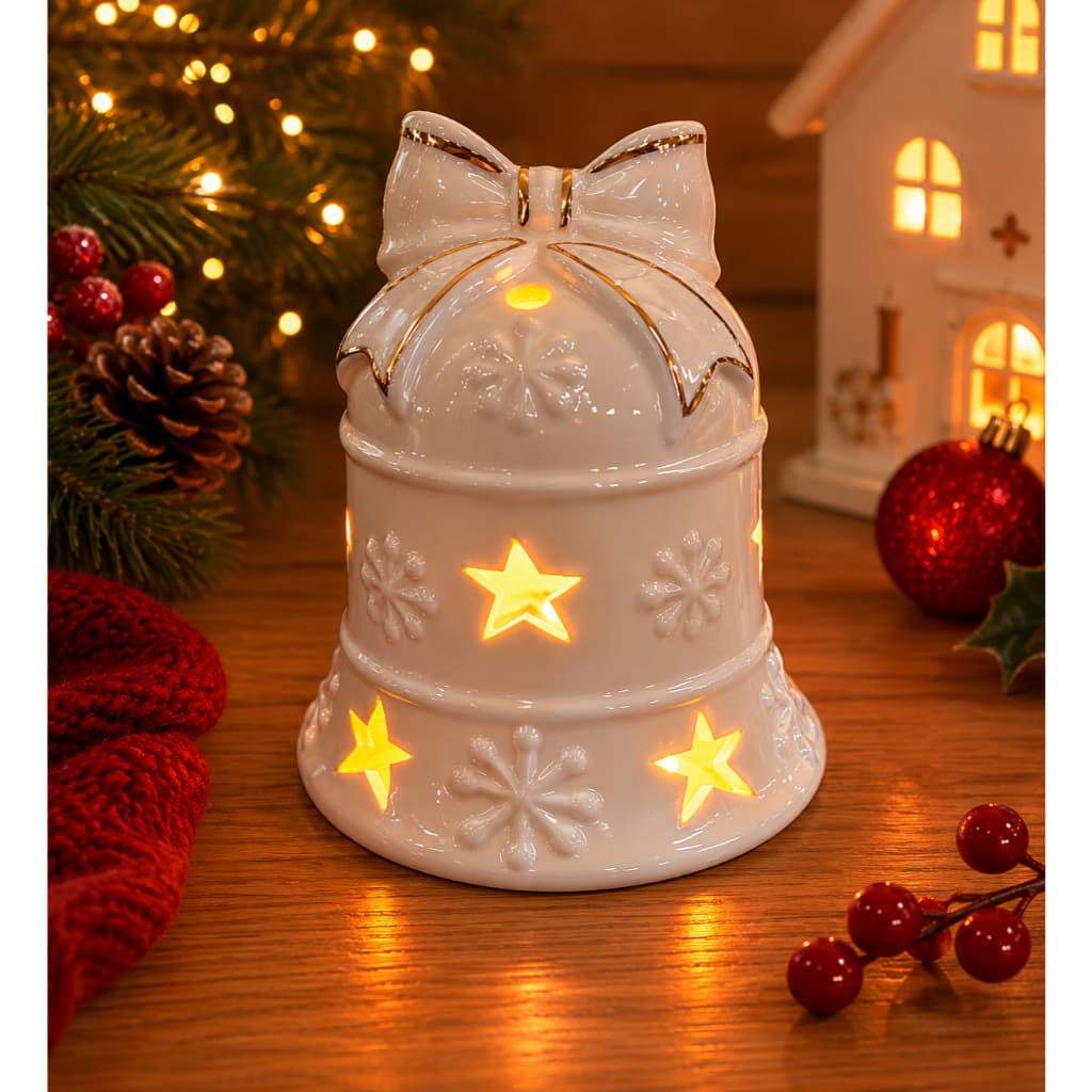 Sino Natalino de Cerâmica com LED Luz Natal Decoração Mesa YZ23775