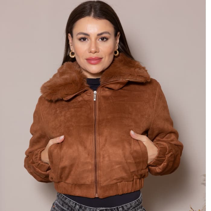 Jaqueta Feminina em Suede Casaco Bomber Gola de Pelo Removivel