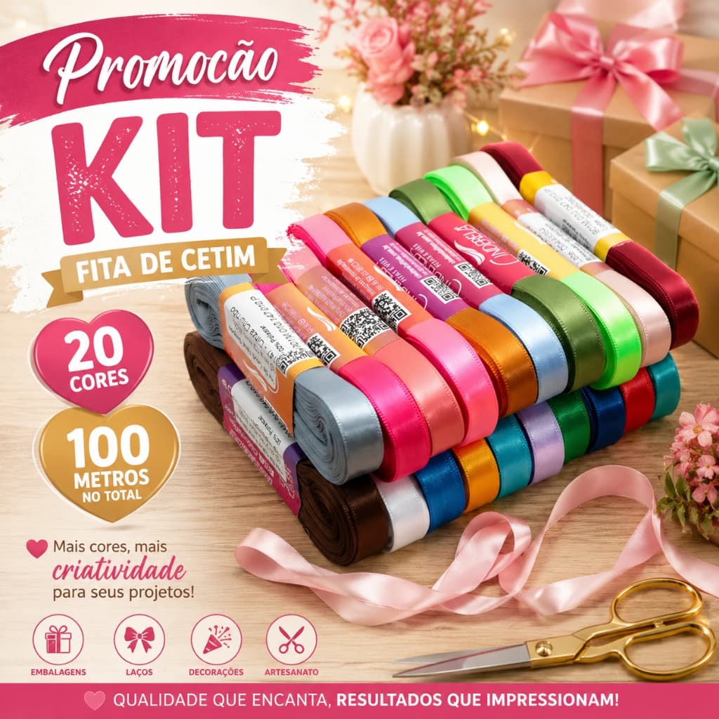 Kit Fita de Cetim 4mm Dupla Face Progresso 100 Metros 20 Cores 5m Cada Artesanato, Laços e Decoração