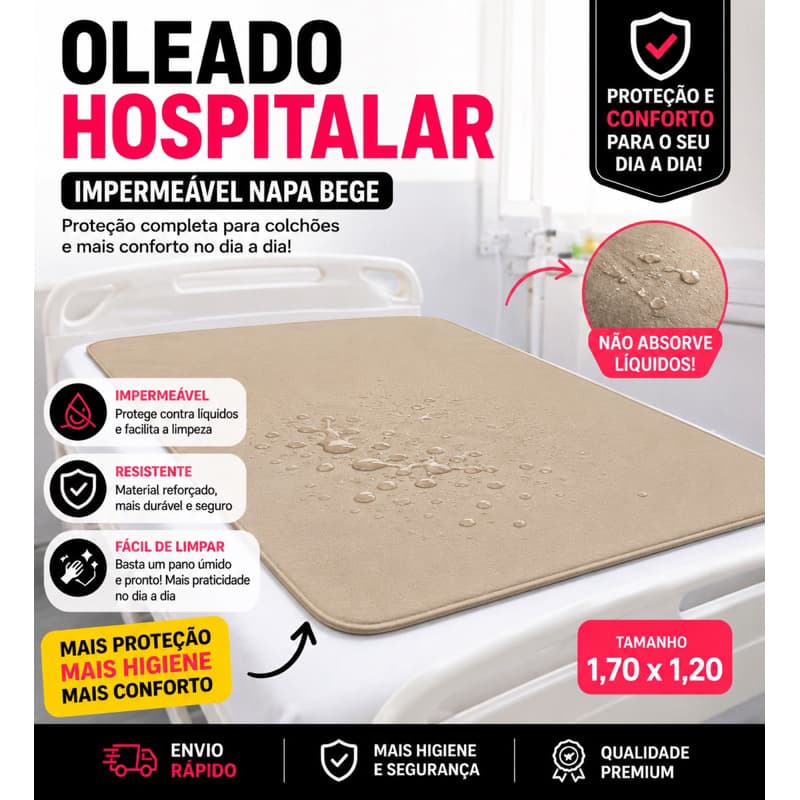 Oleado Hospitalar Impermeável Bege 1,70x1,20 Napa Protetor de Colchão Idosos Pets Acamados