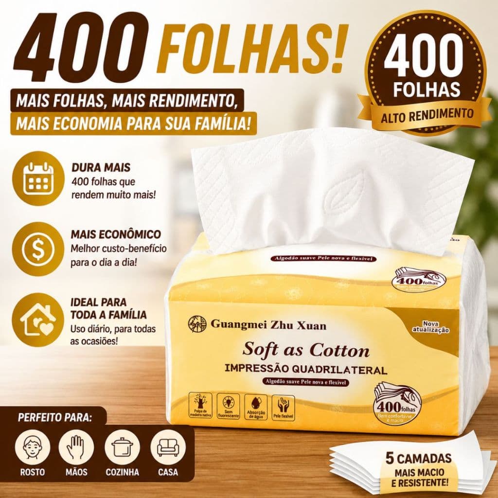 Lenço De Papel Soft Cotton 400 Folhas 5 Camadas Alta Absorção