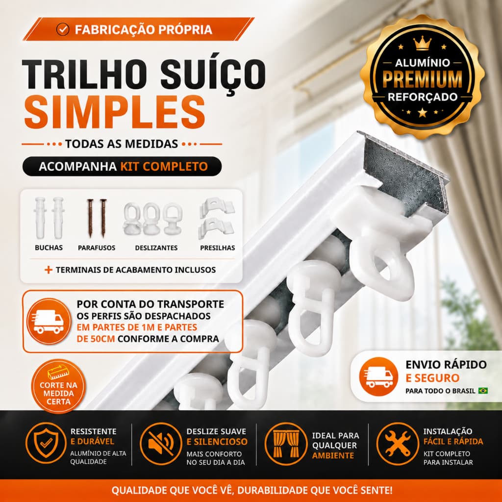 Trilho Suíço Alumínio Branco Completo c/ Presilhas Deslizantes e Kit Instalação
