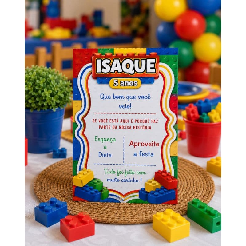 Plaquinha de Agradecimento Centro de Mesa Legos/Qualquer Tema