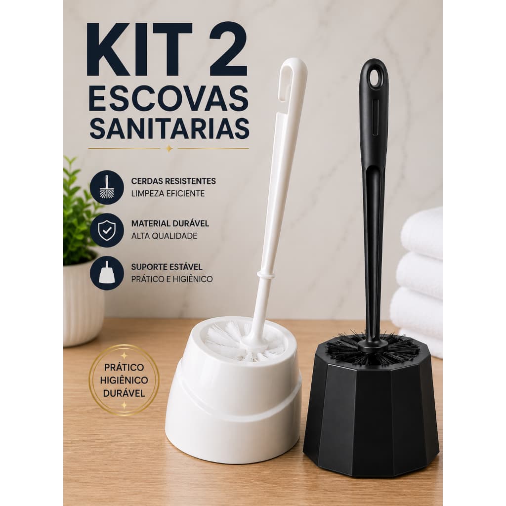 Kit 2 Escovas Sanitárias com Suporte Reforçada Limpeza para Banheiro Vaso Sanitário