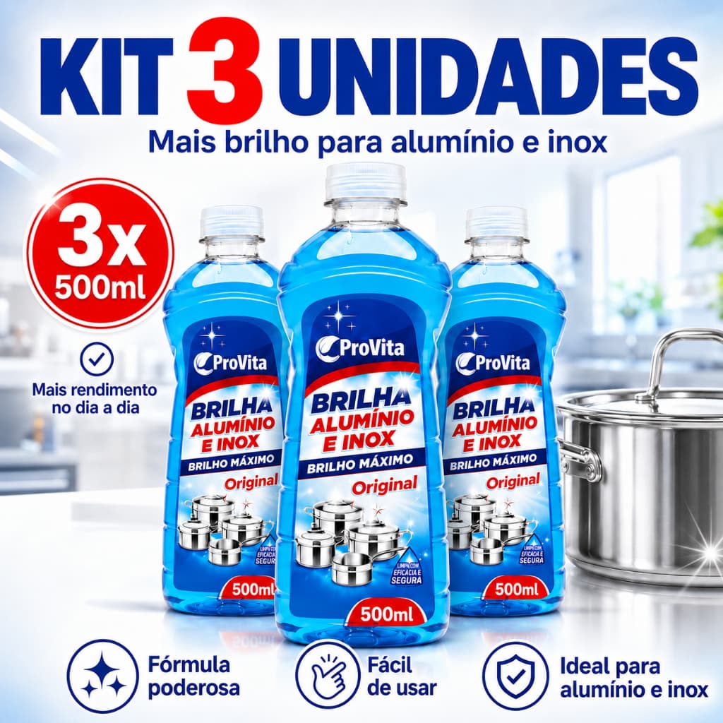 Kit 3 Limpa Aluminio Inox 500Ml Brilho Intenso Remove Crostas Manchas Fogão Panelas Utensílios