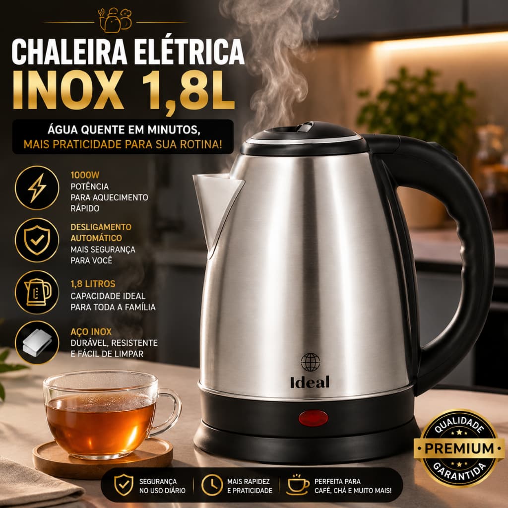 Chaleira Elétrica Inox 1,8L 1000W Aquecimento Rápido Desligamento Automático 127V 220V