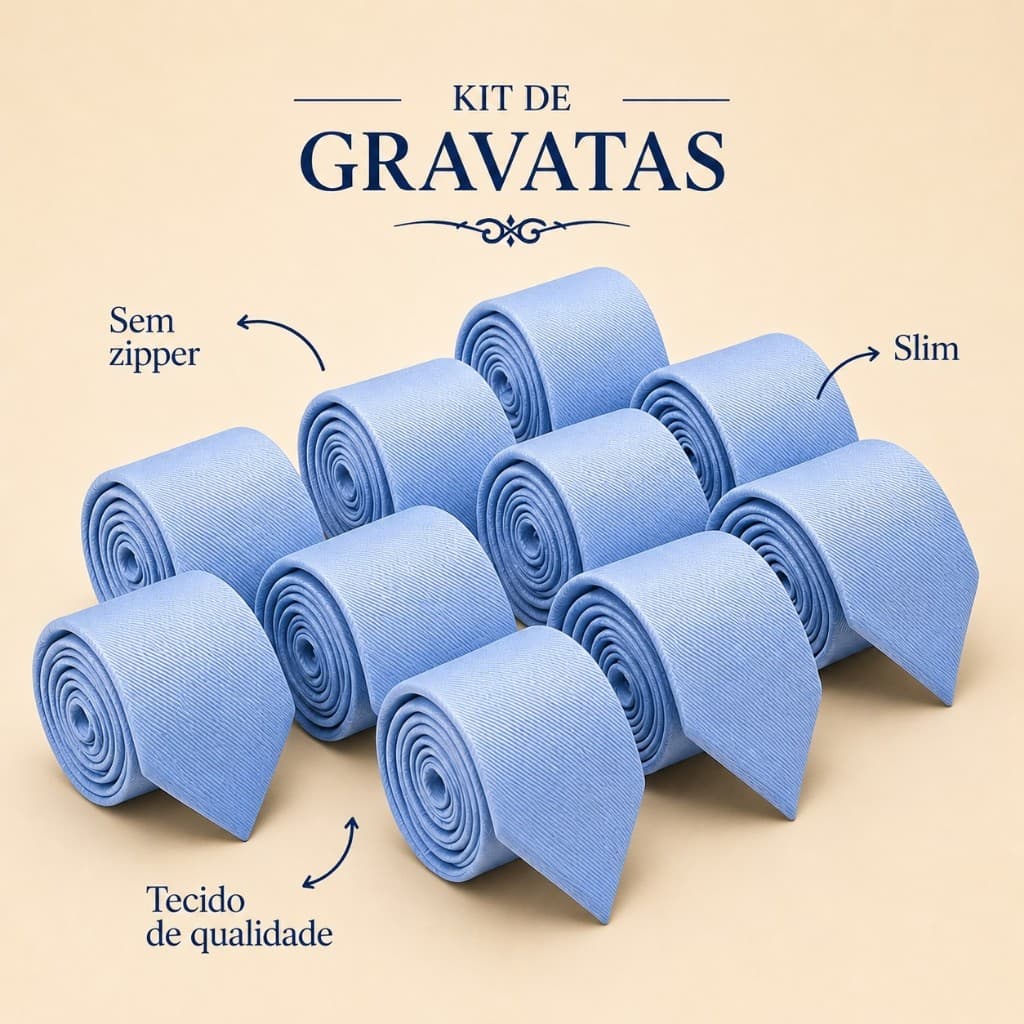 Kit Gravatas Azul Serenity Slim 100% Poliester, padrinhos, casamentos e formaturas