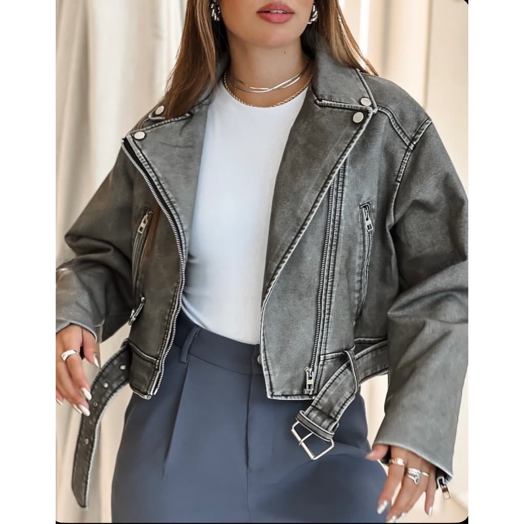 COURO JEANS Jaqueta de Couro Estonada Lavagem Jeans Feminina Casaco Feminino Jaqueta Cinza Couro Pu Com Cinto Removível