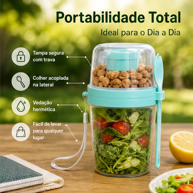 copo pote para salada fitness com garfo e molheira hermético