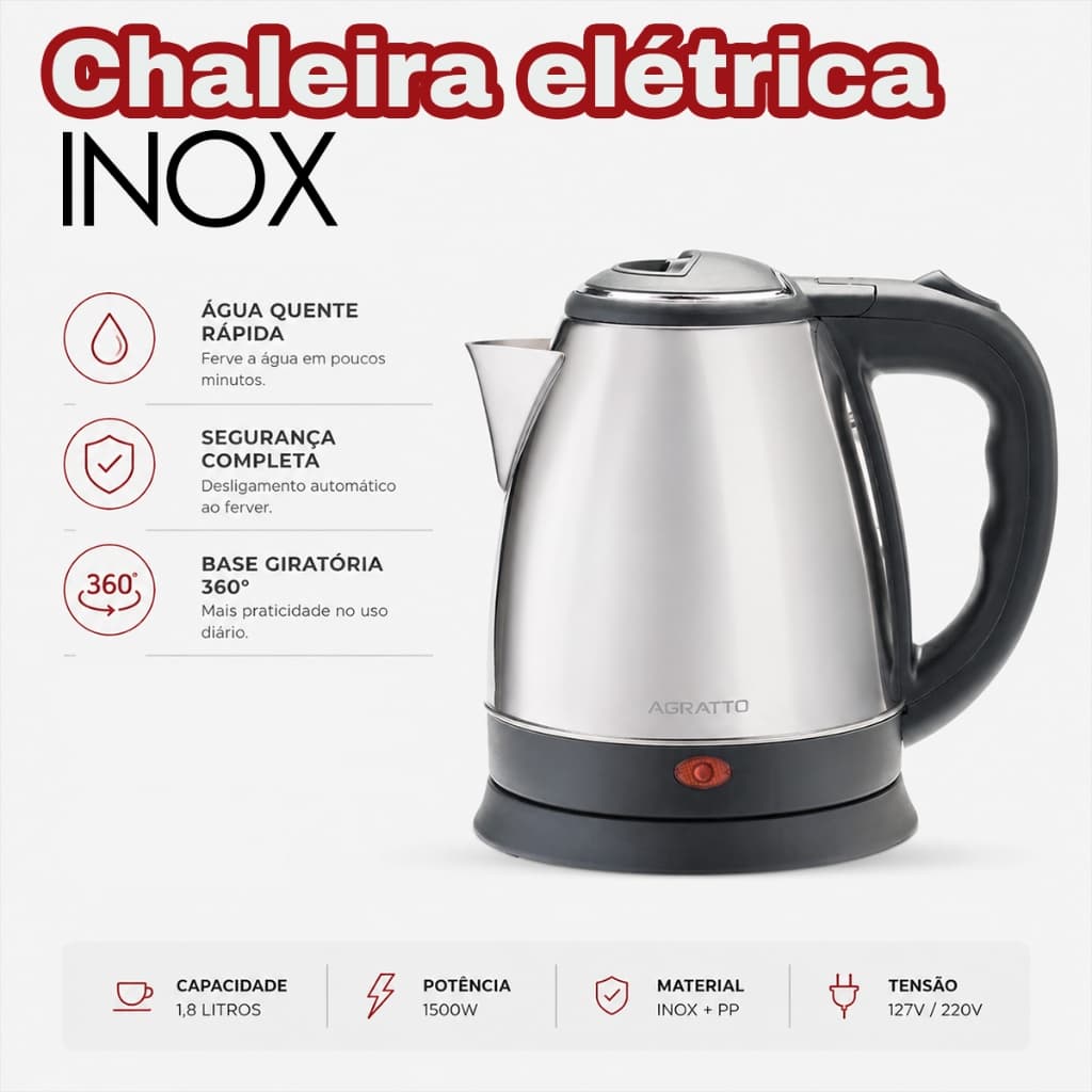 Chaleira Elétrica Inox 1,8l Bule Elétrico Chaleira Inox Térmica Chaleira 127v Bule Jarra Chimarrão