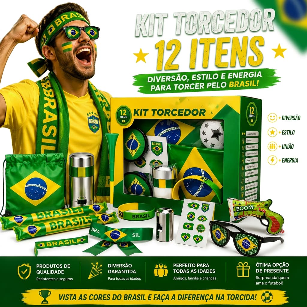 Kit Torcedor Brasil 12 Itens Bandeira 150x90 Vuvuzela Óculos Bandana Tattoos Copa 2026 Jogos Festas