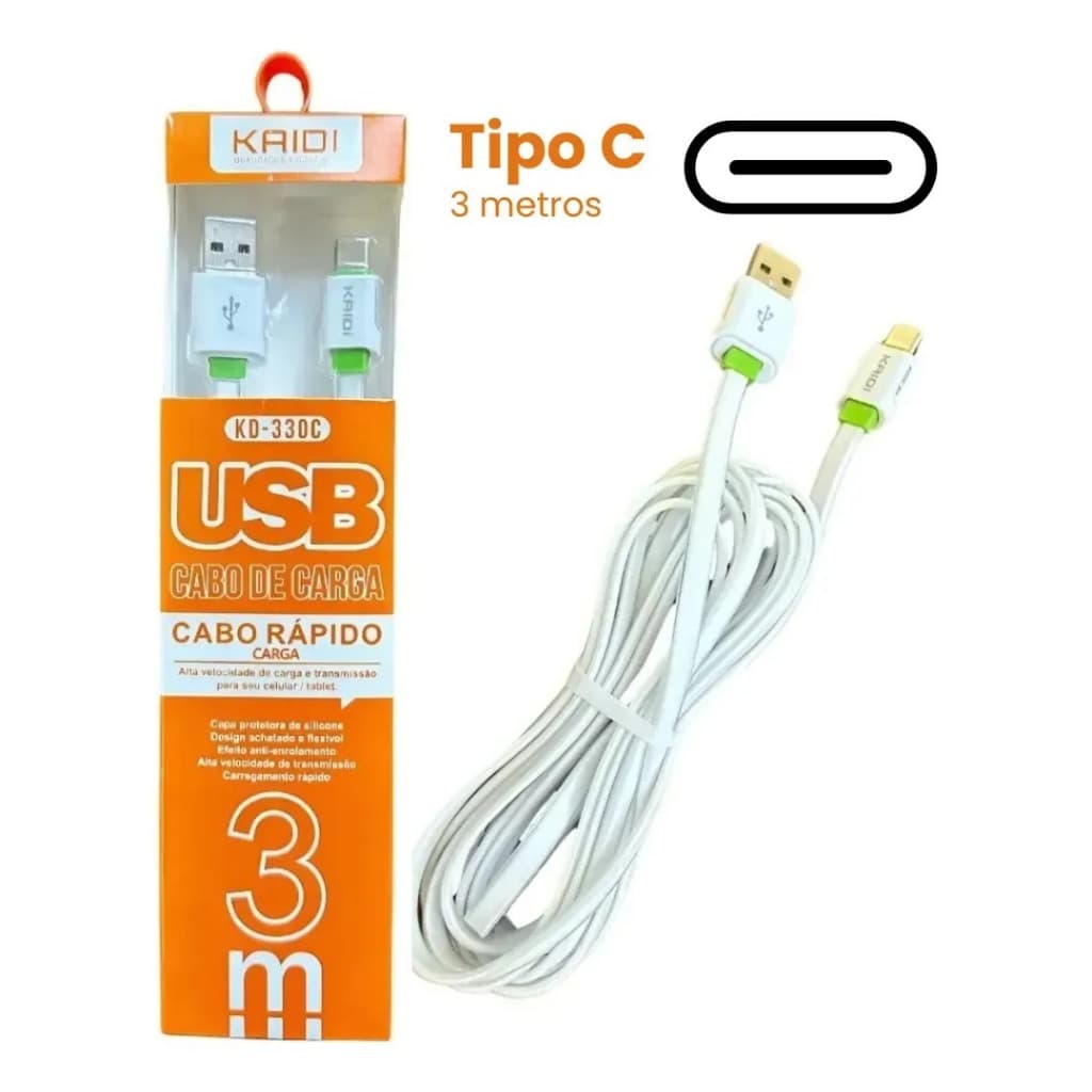 Cabo Tipo C 3 Metros 4.8A Turbo Carregamento rápido USB-C - KD-330C