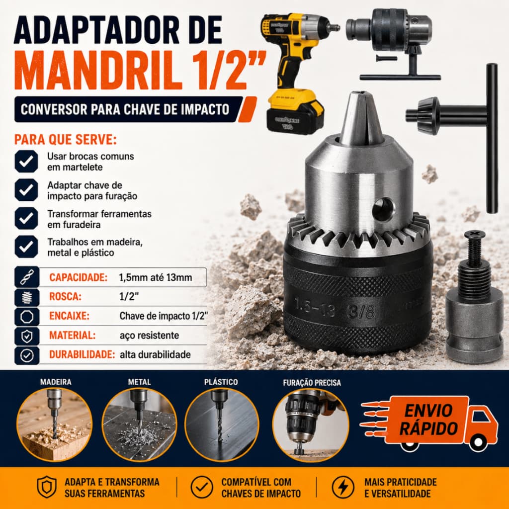 Mandril 13mm Com Adaptador Para Chave De Impacto E Martelete Converte Em Furadeira  rosca de 1/2 UNF