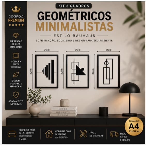Kit 3 Quadros Geométricos Minimalistas Bauhaus A4 - PROMOÇÃO