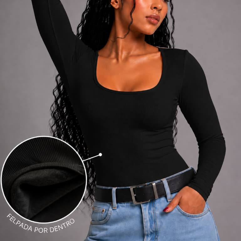 Blusa Feminina Felpada Decote Quadrado Canelada Estilo Pinterest