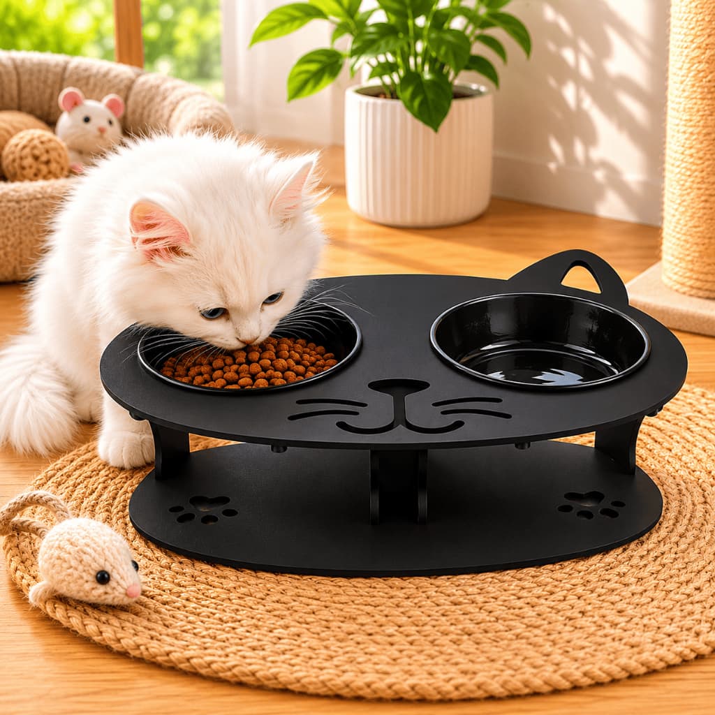 Comedouro Elevado em MDF Gato – Design com Patinhas 38x27x13