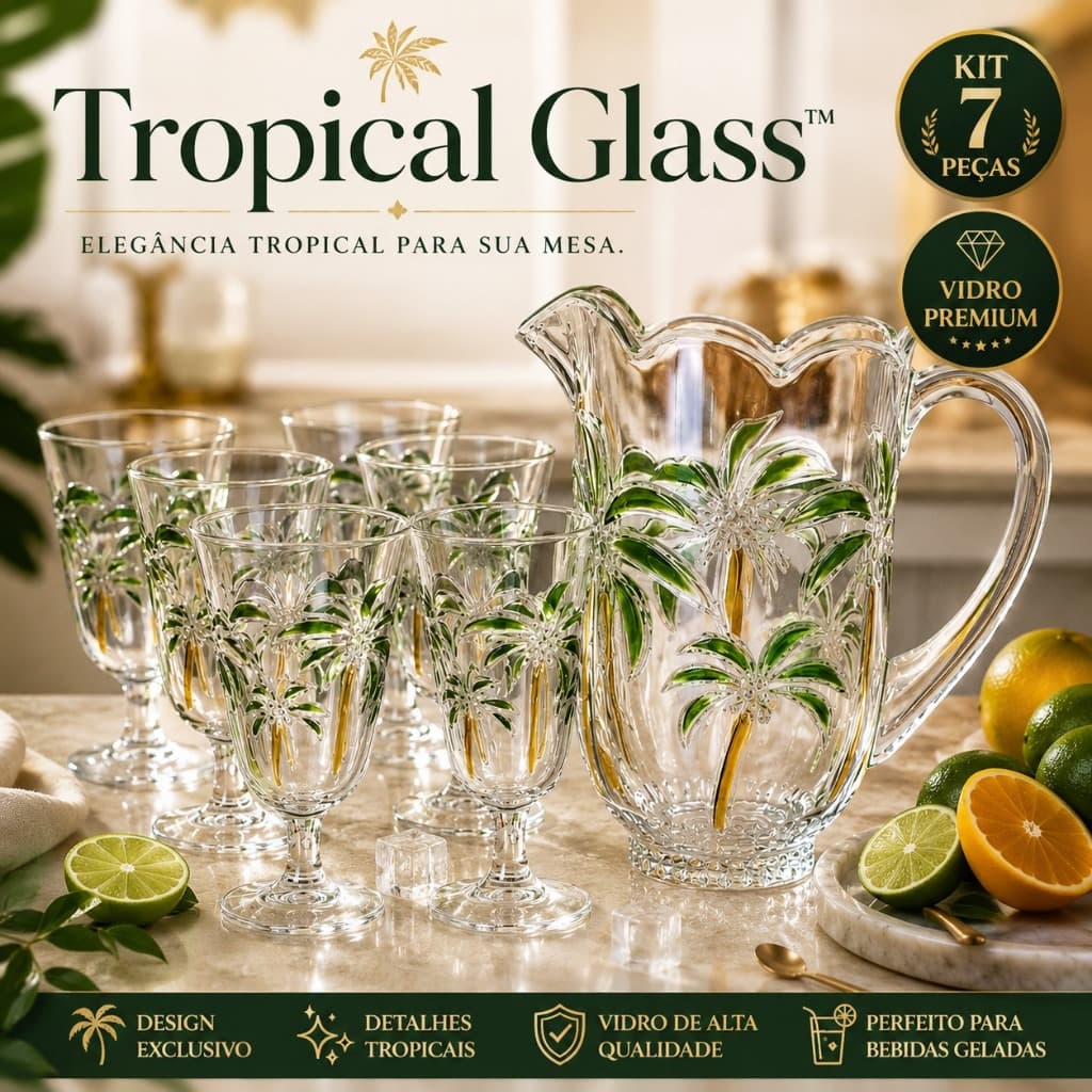 Conjunto 6 Taças com Jarra de Vidro 1,5Lit Tropical Glass™ Kit Premium para Suco Drinks Água Mesa Posta Elegante moderna