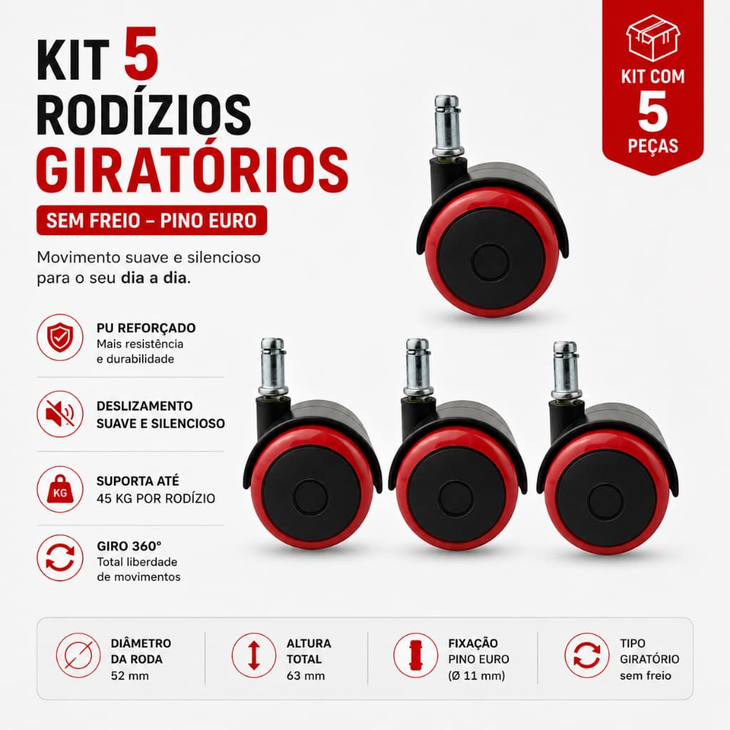Rodinhas Reforçadas Kit 5 Unidades Para Cadeira Giratória Gamer ou Escritório 54mm PU Anti Risco
