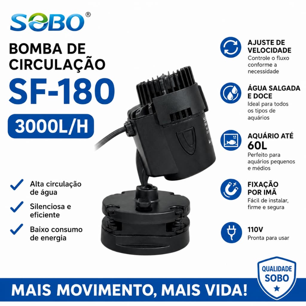 Bomba de Circulação Wave Maker para Aquários marinho/doce com suporte de imã - 3.000 l/h SF-180
