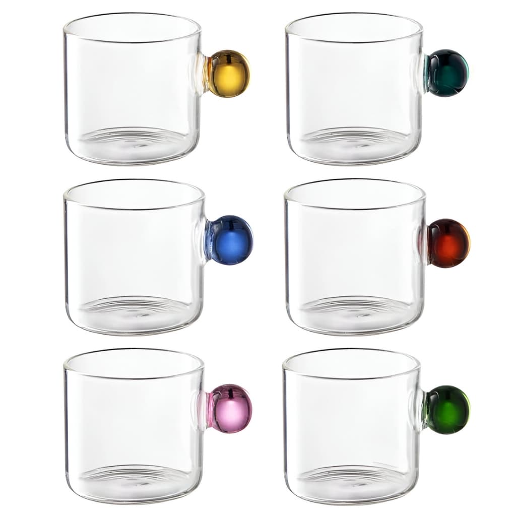Jogo 6 Caneca Xicara Decorativa Vidro Borossilicato Copo Dose Café Chá Tequila Drink 80ml Alça Bola Bolinha Colorida