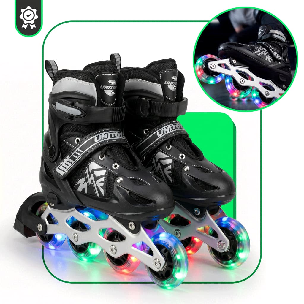 Patins Infantil Roller Inline Ajustável Regulável 4 Rodas Em Linha Criança Juvenil Preto Recreativo Fitness Unitoys