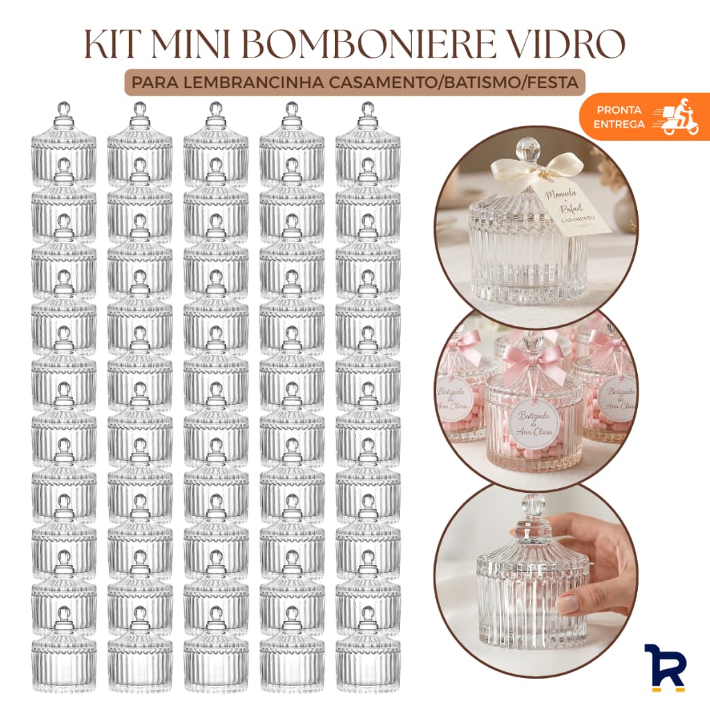 Kit Mini Bomboniere para Lembrancinha de Casamento Potiche  de Vidro 9cm para Batizado e Festa
