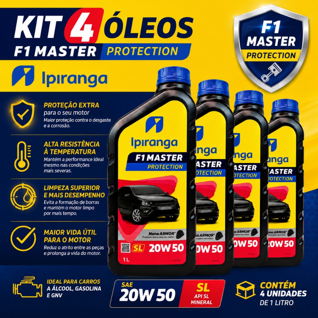 Kit 4 Óleos Ipiranga F1 Master Protection 20W50 SL Mineral 1L Proteção Extra Motor