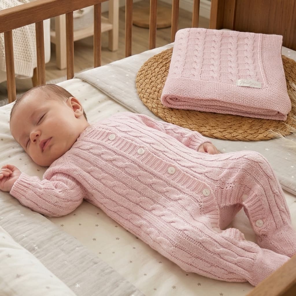 Kit 2 Peças Saída de Maternidade Quentinha Inverno Macacão + Manta em Tricô Tranças Luxo RN 0-3 Meses