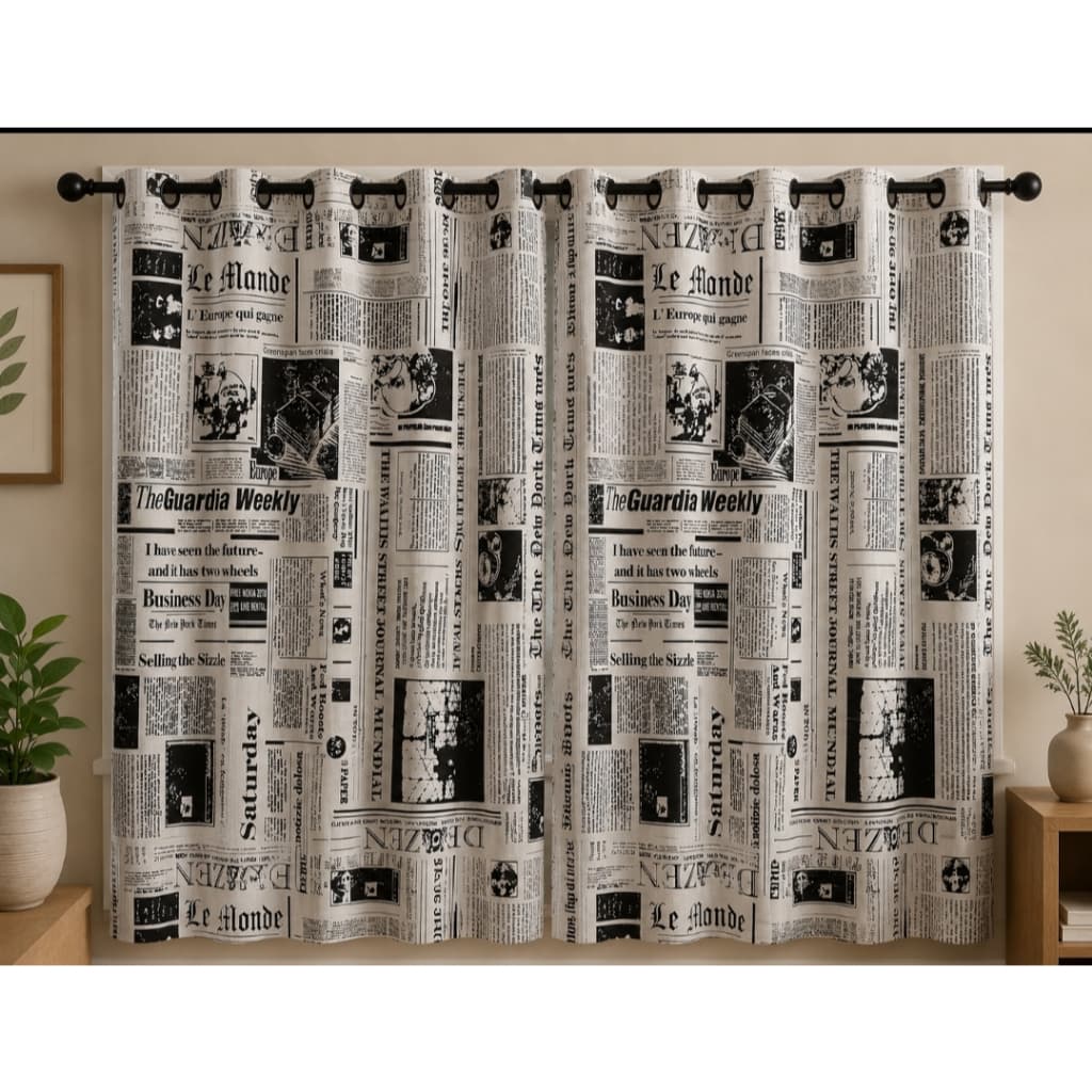 Cortina Jornal Estampada Com Liso 2,10x1,70m Maria Flor Sala Quarto Decoração