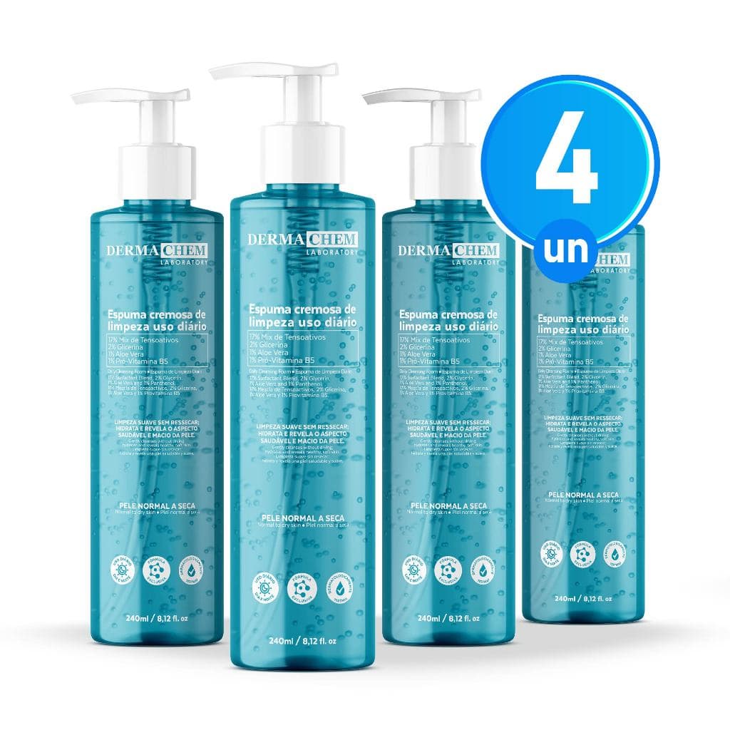 Kit 4 Espuma Cremosa de Limpeza Facial 240ml Hidratação e Maciez da Pele Com Aloe Vera Dermachem