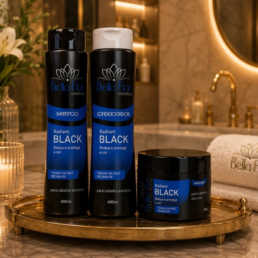 Cabelos Escuros Shampoo, Condicionador e Máscara Linha Radiant Black Bella Flor Cabelos Escuros Brilho Profissional