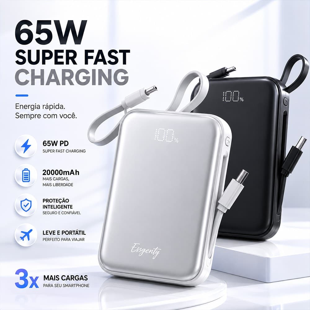 Power Bank Portable Charger 20,000mAh 65w Display LED compatible with iPhone and Samsung