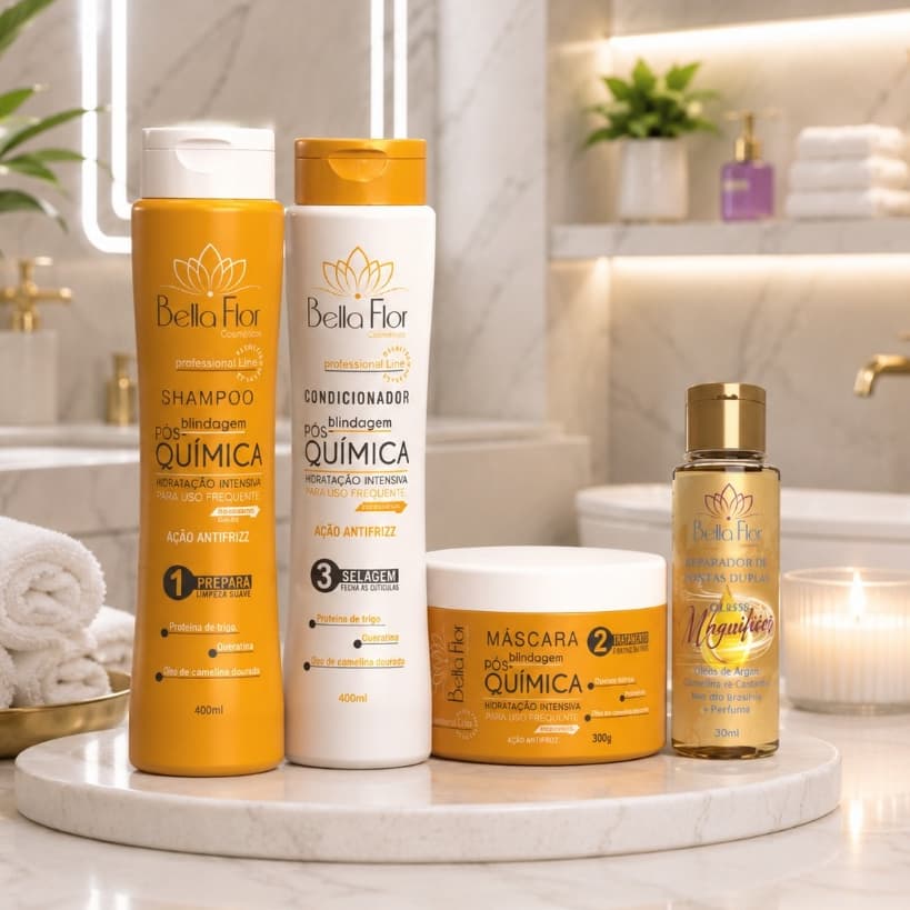 Kit Capilar Pós-Química 4 Produtos Shampoo Condicionador Máscara Reparador de Pontas Bella Flor Hidratação Reparação