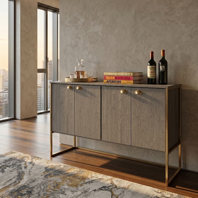 Aparador Buffet Multiuso 4 Portas MDF – Armário Sala, Sala de Jantar ou Hall. COR: CINZA E DOURADO
