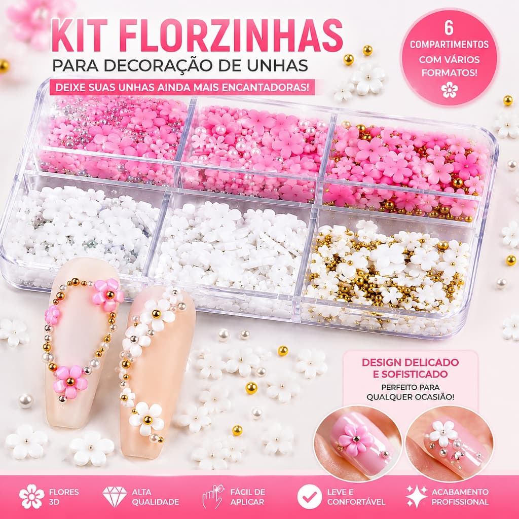 Kit Decoração para Unhas 300 Unidades com Florzinhas 3D Rosa e Branco Pedrinhas Douradas e Prata Caixa 6 Divisórias