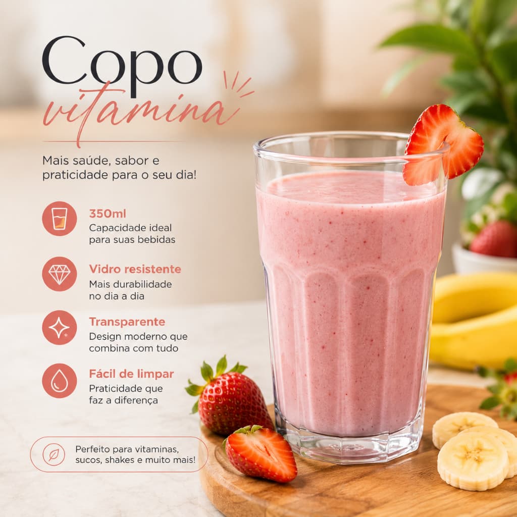 Copo de Vidro resistente 350ml transparente Vitaminas