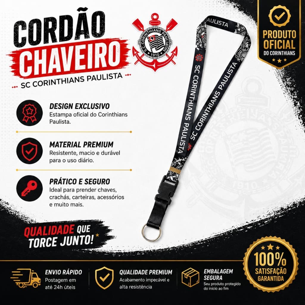 Cordão Chaveiro Lanyard Corinthians Oficial Original Chaveiro Chave Trava Presente Torcedor Futebol