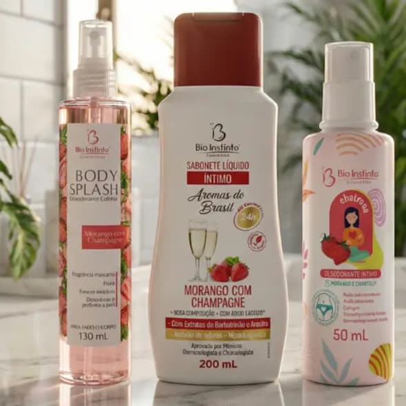 Kit Íntimo Completo | Sabonete Líquido + Desodorante + Body Splash | Aroma Morango | Refrescante Diário