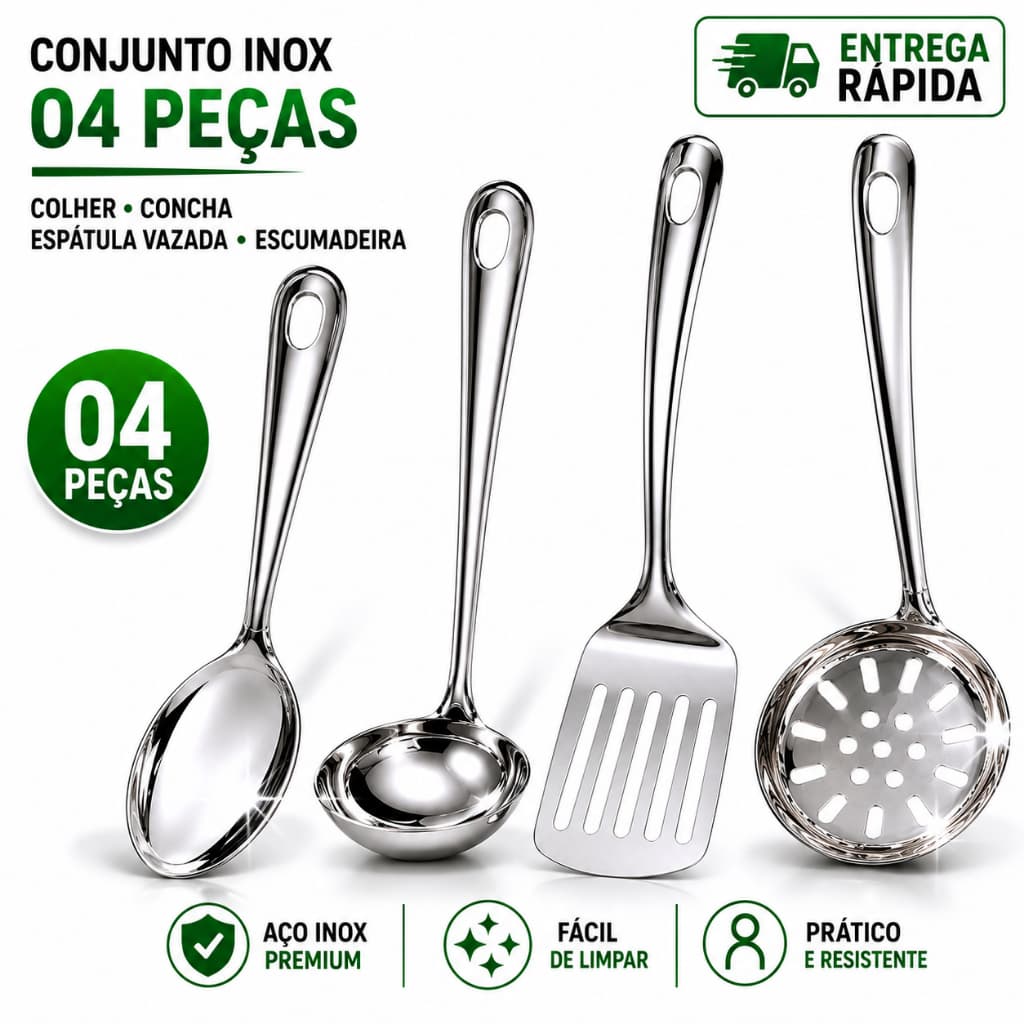 Kit Conjunto 4 Peças Colher de Arroz, Concha, Espátula Vazada e  Escumadeira em Aço Inox Premium Cozinha e Restaurante