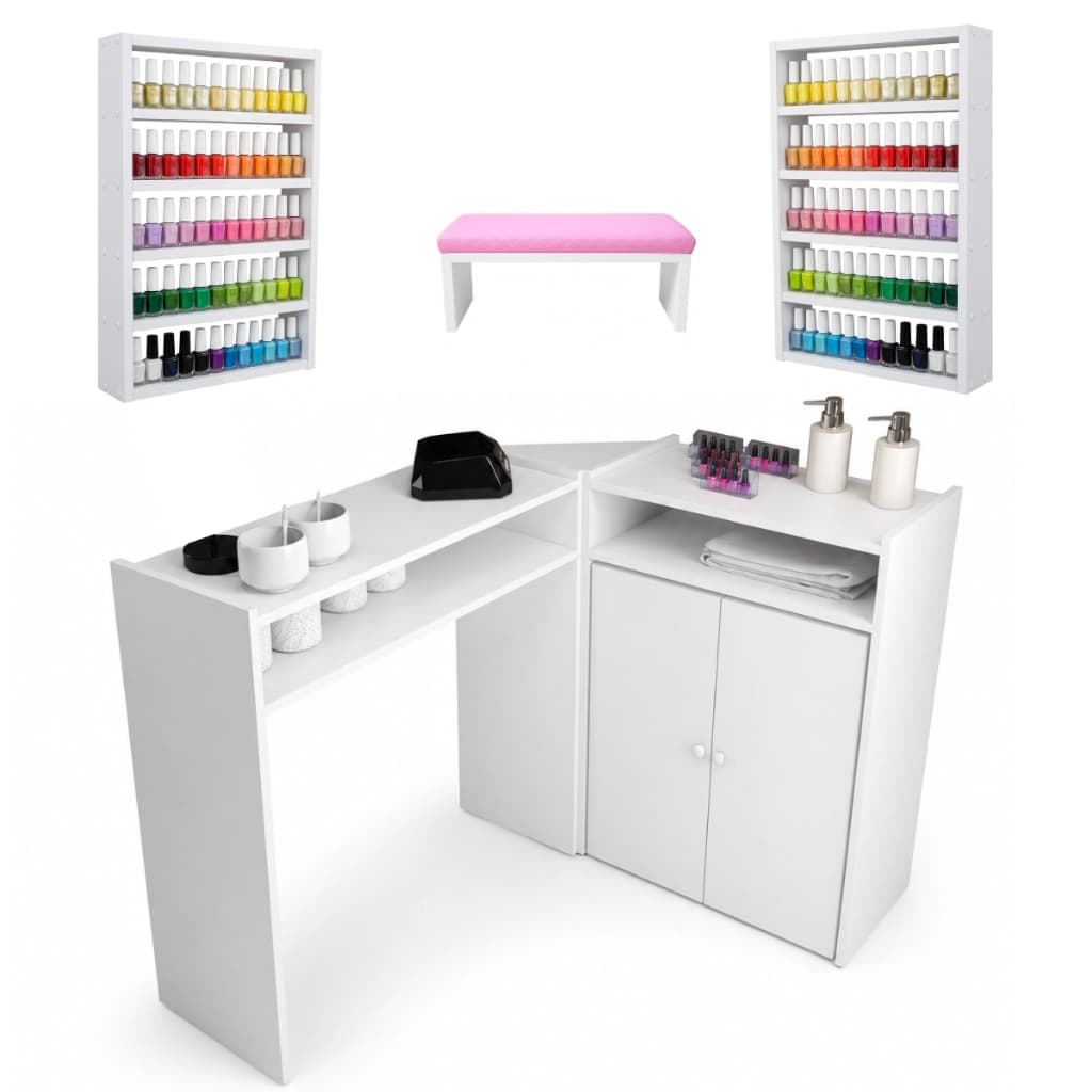 Mesa Manicure Em L Mesinha Escrivaninha Spa Decoração Salão + 2 Esmalteira + Apoio Para Mãos