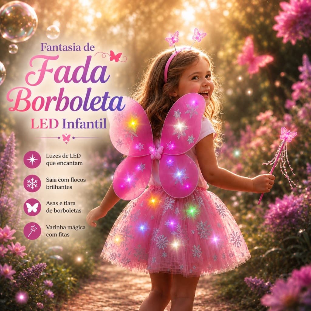 Fantasia Fada Borboleta Infantil Asa E Saia Tule Com LED Tiara Varinha Mágica Carnaval Halloween