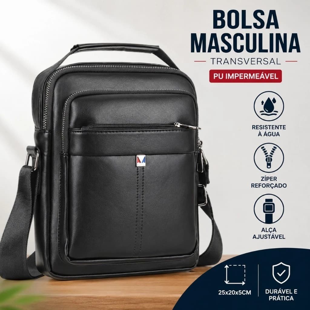 Bolsa Masculina Transversal Impermeável em PU Bolsa Tiracolo Casual Executiva Compacta com Zíper
